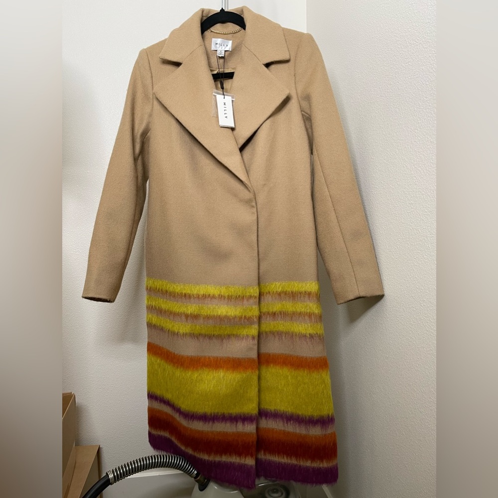 NWT Milly long coat camel color with multicolored stripes at bottom size P